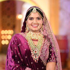 A North Indian bride with a traditional makeup look for dusky skin on her wedding day.