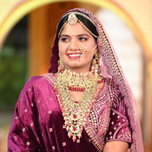 A North Indian bride with a traditional makeup look for dusky skin on her wedding day.