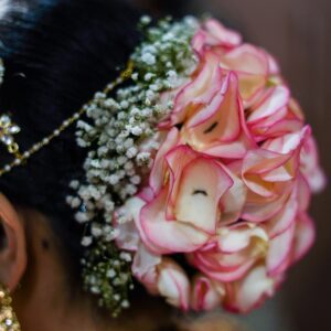 A Maharashtrian bride with a traditional hairstyle on her wedding day.